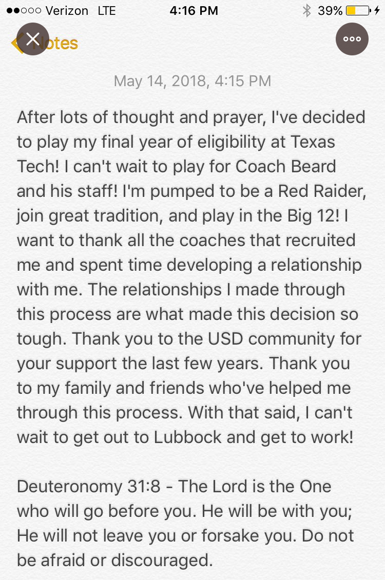 Matt Mooney TTU Announcement Matt Mooney Note