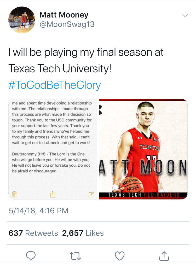 Matt Mooney TTU Tweet Matt Mooney TTU Tweet